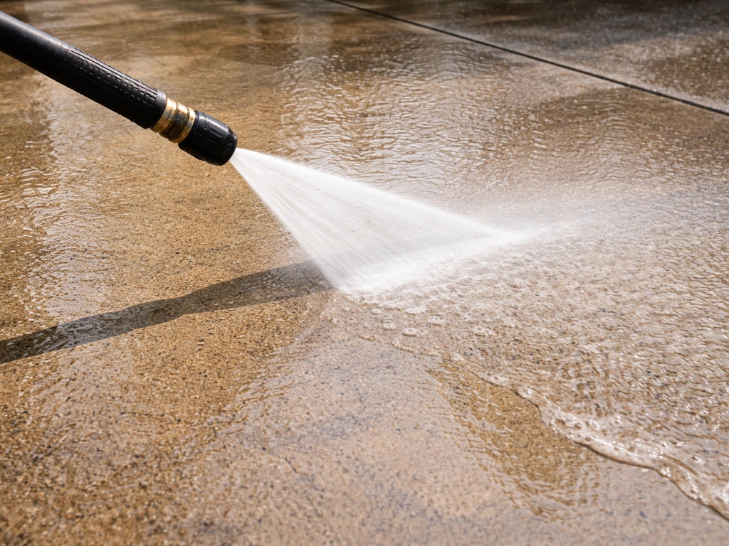 Wide fan spray from a pressure washer wand cleaning concrete, with pre-wet runoff visible