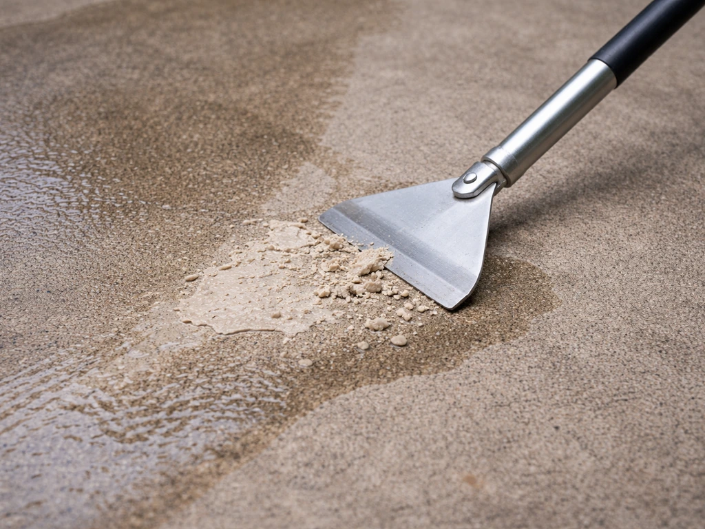 Daylight close-up of a concrete patio with a scraper removing carpet glue residue