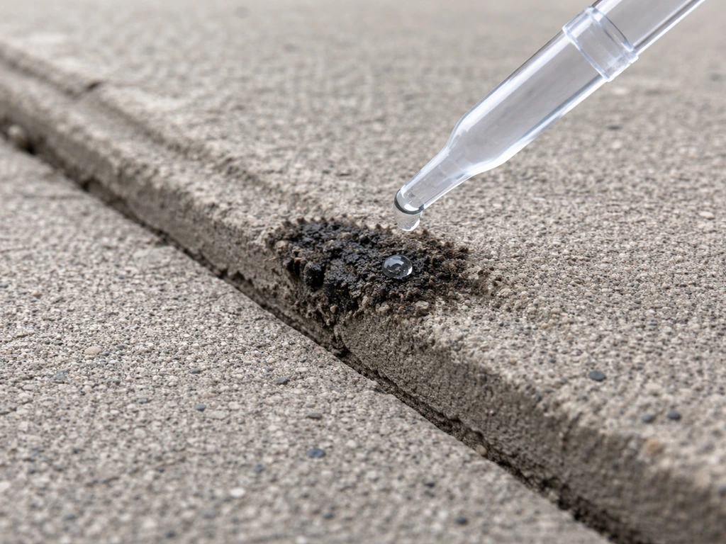 Close-up of concrete with a small adhesive residue test spot and a dropper applying cleaner.