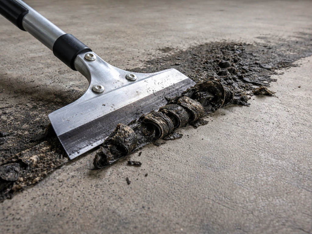 Close-up of a floor scraper removing thick carpet adhesive from rough concrete, lifting residue cleanly.