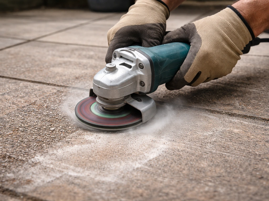 Angle grinder sanding a patio to remove stubborn ghosted adhesive film, with controlled dust.