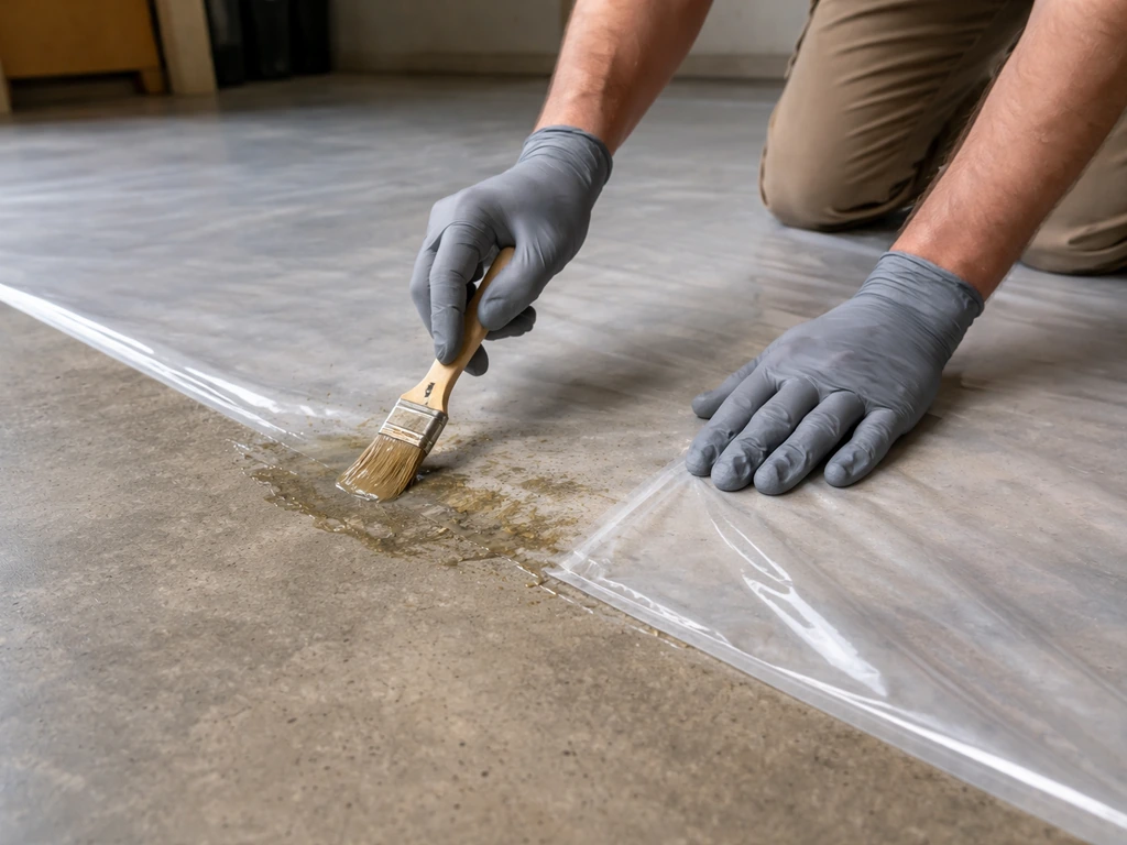 Worker’s gloved hands applying solvent to adhesive residue, then covering area with 4-mil plastic sheeting.