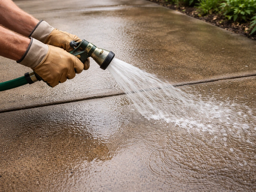 Clear stream of water rinsing a freshly cleaned concrete patio after adhesive removal