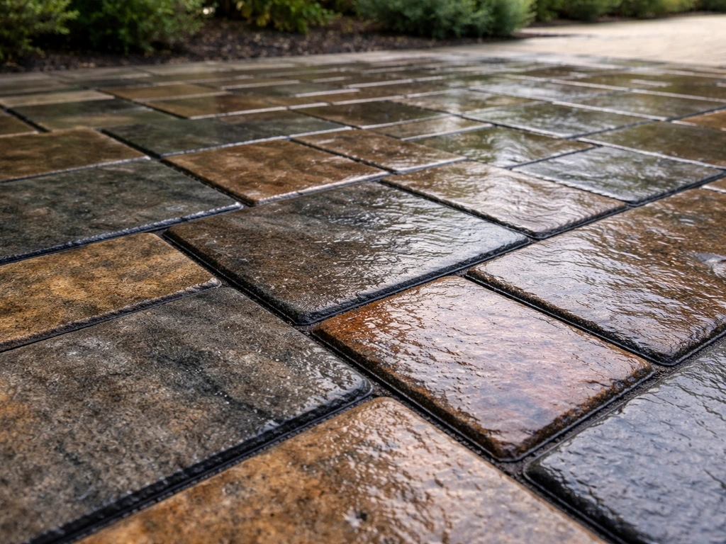 Patio stone pavers with an even wet-look sealer sheen in natural daylight, showing rich texture and color.