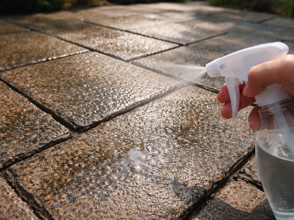 Patio stones in close-up being misted with a spray bottle for an instant wet look
