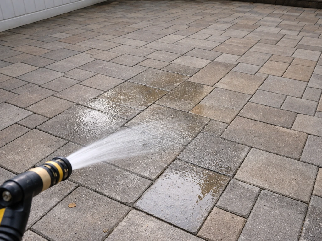 Patio pavers being pre-wetted with a hose after clearing debris and removing patio items.