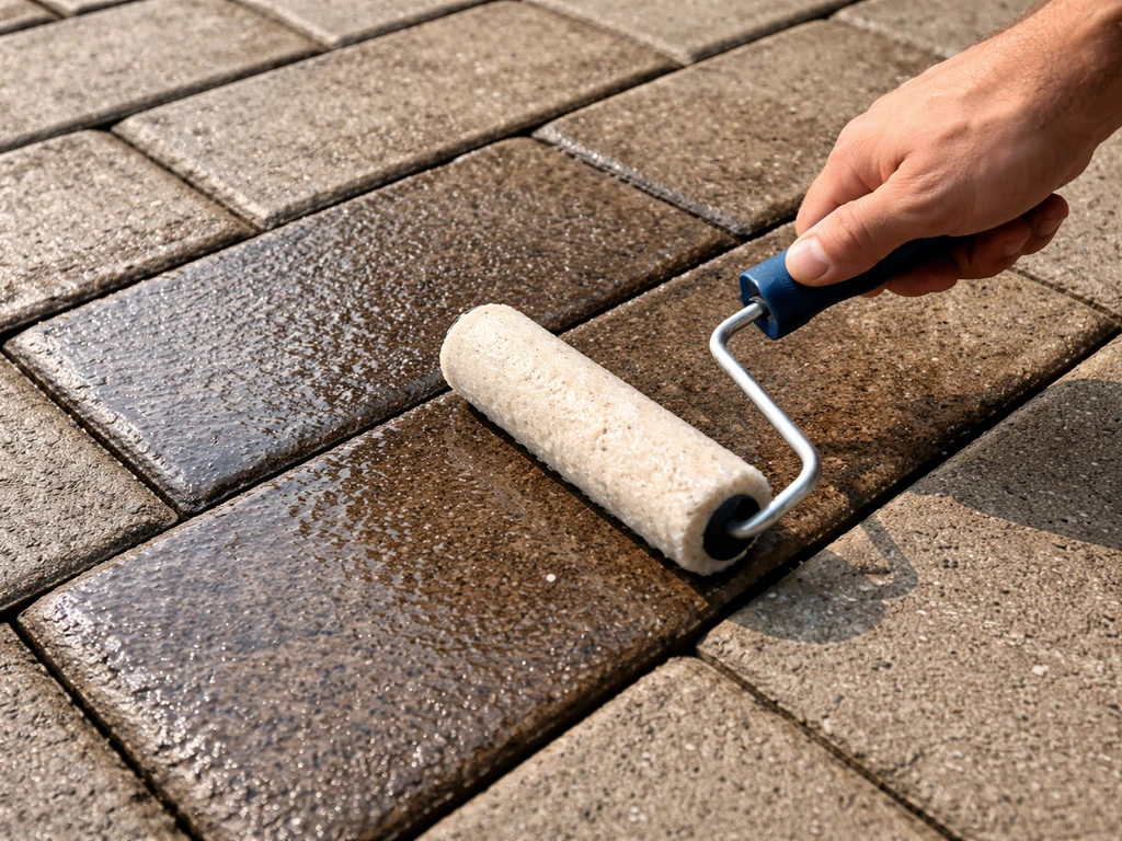 Close-up of a roller applying wet-look sealer to concrete pavers, evenly darkening the surface