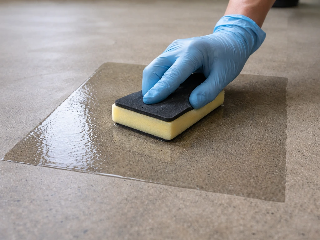 Gloved hands applying a clear wet-look sealer with a foam pad onto a small floor test patch.