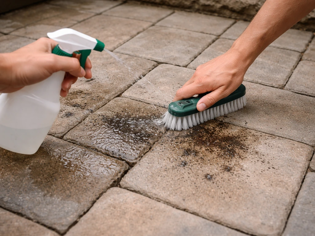 Garden sprayer misting and scrubbing a stone patio with visible black spots being treated