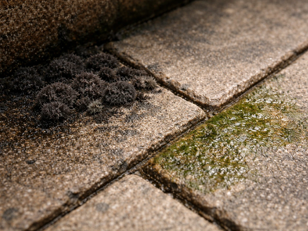 Macro close-up of patio surface showing fuzzy black mold patches and greenish algae film on paving stones.