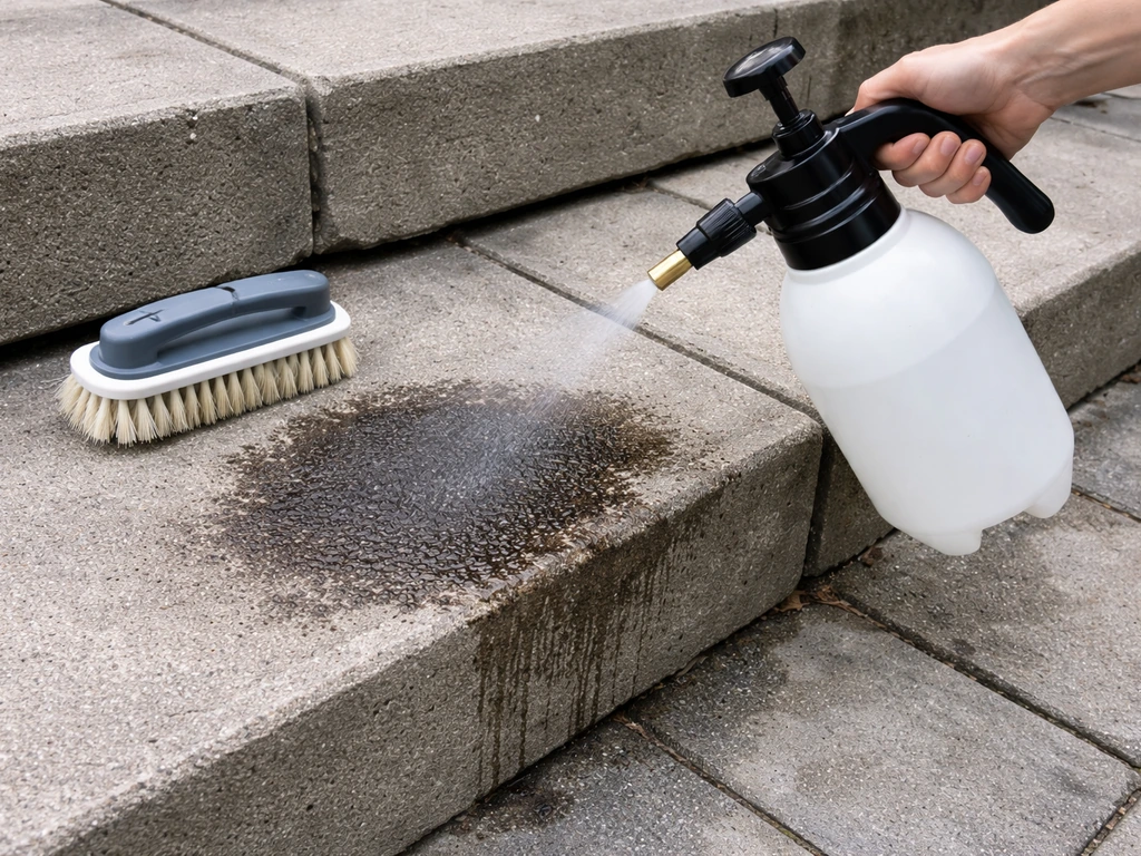 Pump sprayer with diluted white vinegar spot-treated on a dark stain atop concrete pavers, with scrub brush.