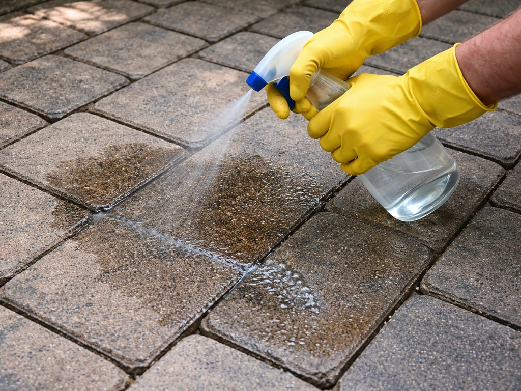 Gloved hands spray diluted vinegar on concrete pavers, keeping mist off the jointing sand, then rinsing.