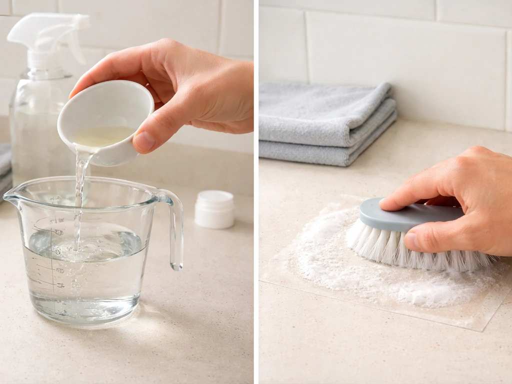 Person diluting vinegar in a measuring cup, then scrubbing a small test patch with a brush.