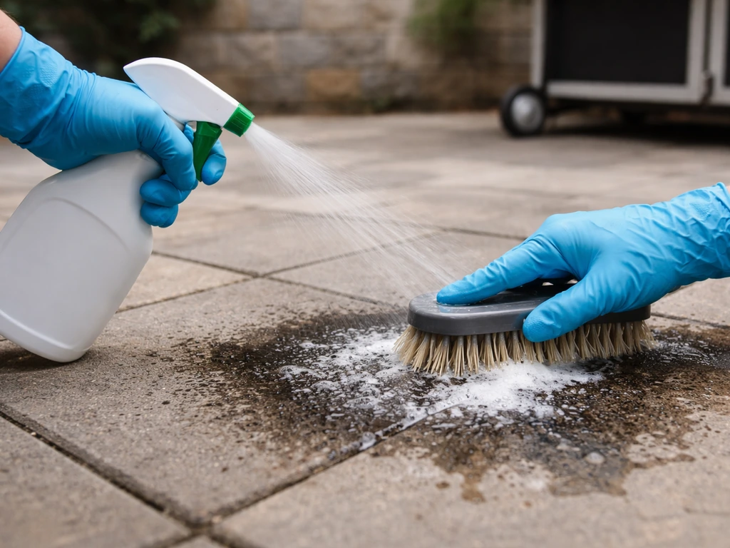 Alkaline degreaser applied to a dark grease-and-soot stain on a patio paver, with brush scrubbing.