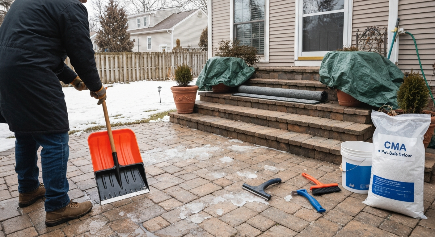 Back view of a person using a plastic push shovel to clear ice from a patio; poly broom, plastic scraper, bag of pet-safe deicer, grit bucket and heated mat are visible nearby.