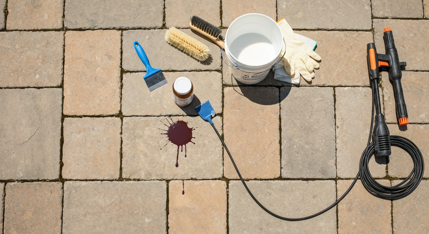 Overhead photo of a stone patio with a small paint spill and a neatly arranged toolkit (plastic scraper, brush, bucket, nitrile gloves, gel stripper jar, plastic sheeting, pressure washer) ready for paint removal.