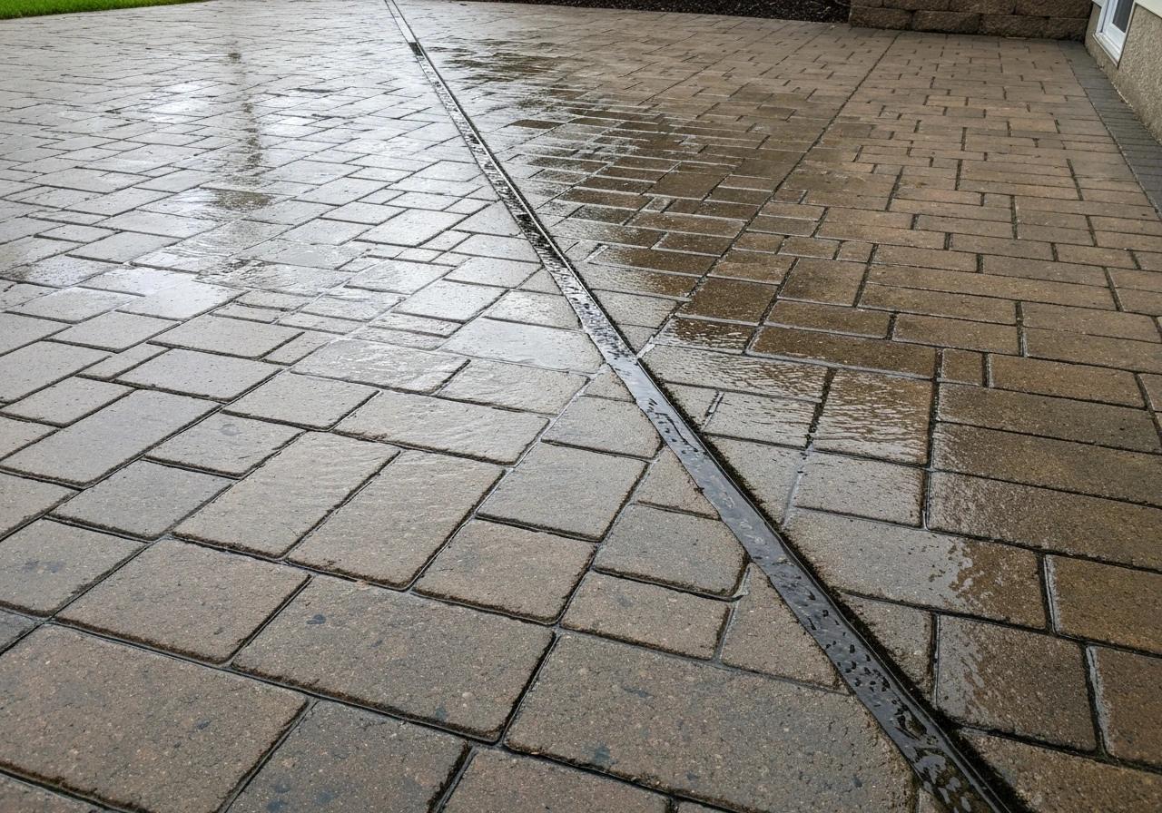 Patio pavers after rain with damp spots and a clear runoff path toward a drain edge.