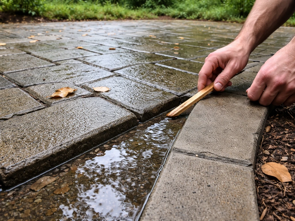 Homeowner’s hands using a small stick to trace runoff on a wet paver patio after rain, pooling visible at edges.
