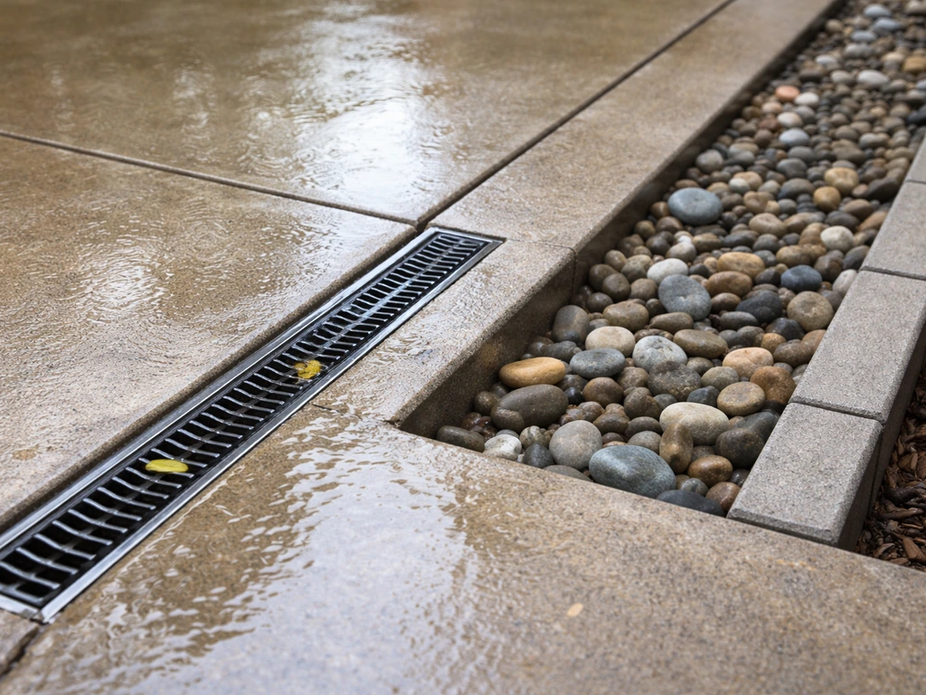 Home patio edge with a trench drain and gravel bed capturing rainwater runoff