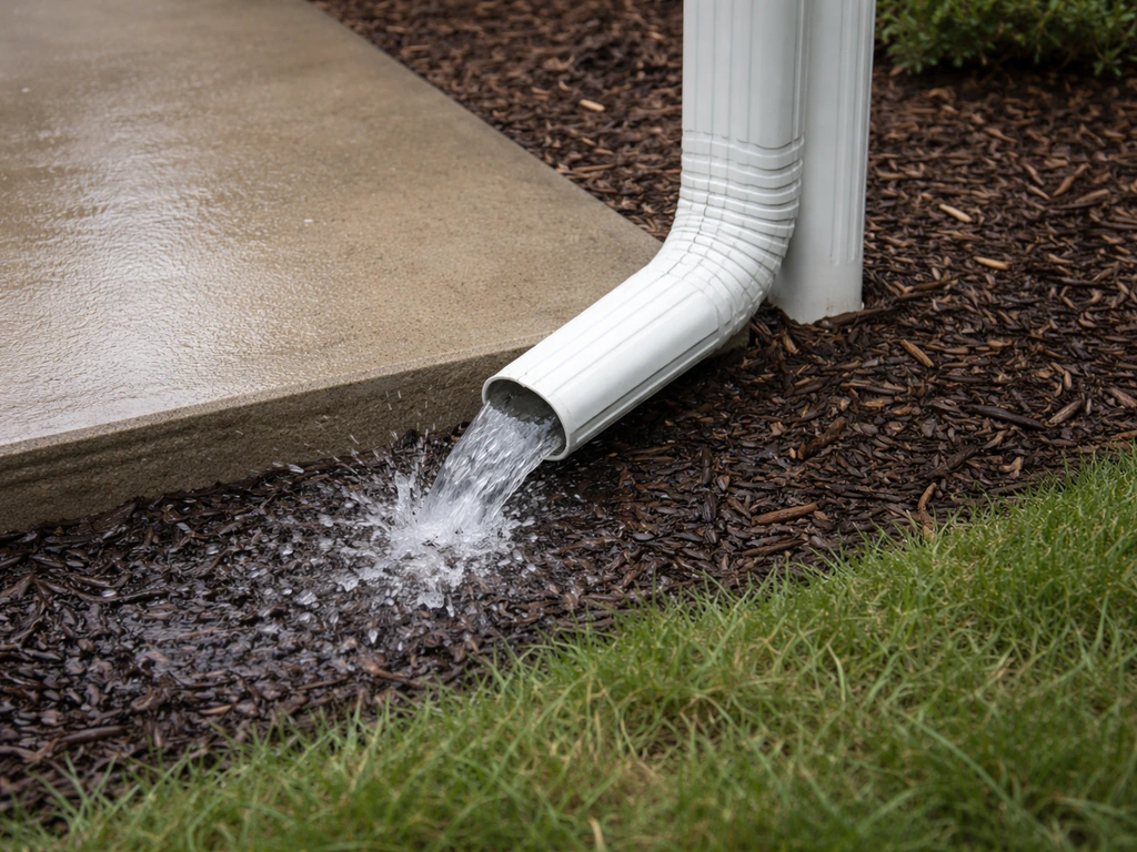 Water pours from a gutter downspout extension, splashing onto the ground away from a patio edge.