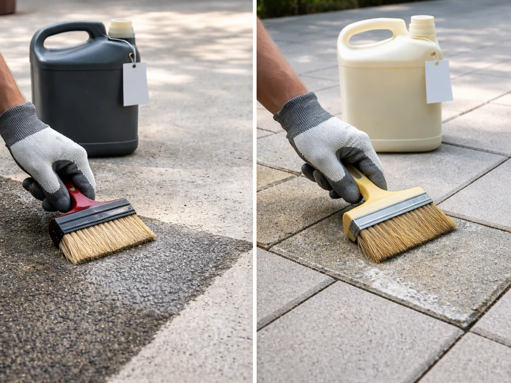 Close-up comparison of concrete sealer and paver sealer applications on a patio surface with two labeled buckets