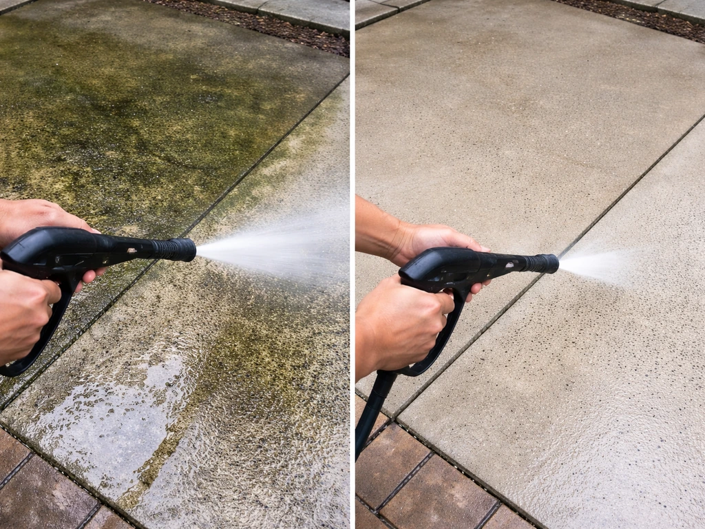 Before/after view of a damp patio cleaned with a pressure washer, green algae removed.