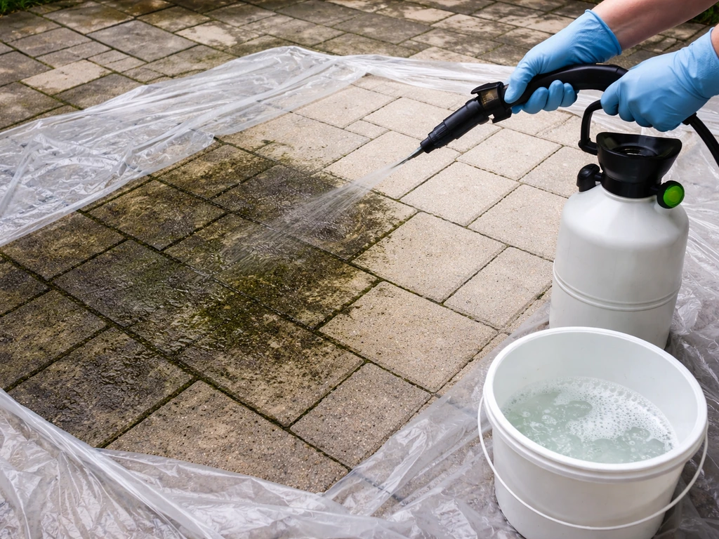 Gloved hands sprayer treating a concrete patio with visible mold/algae and a bleach solution bucket nearby.