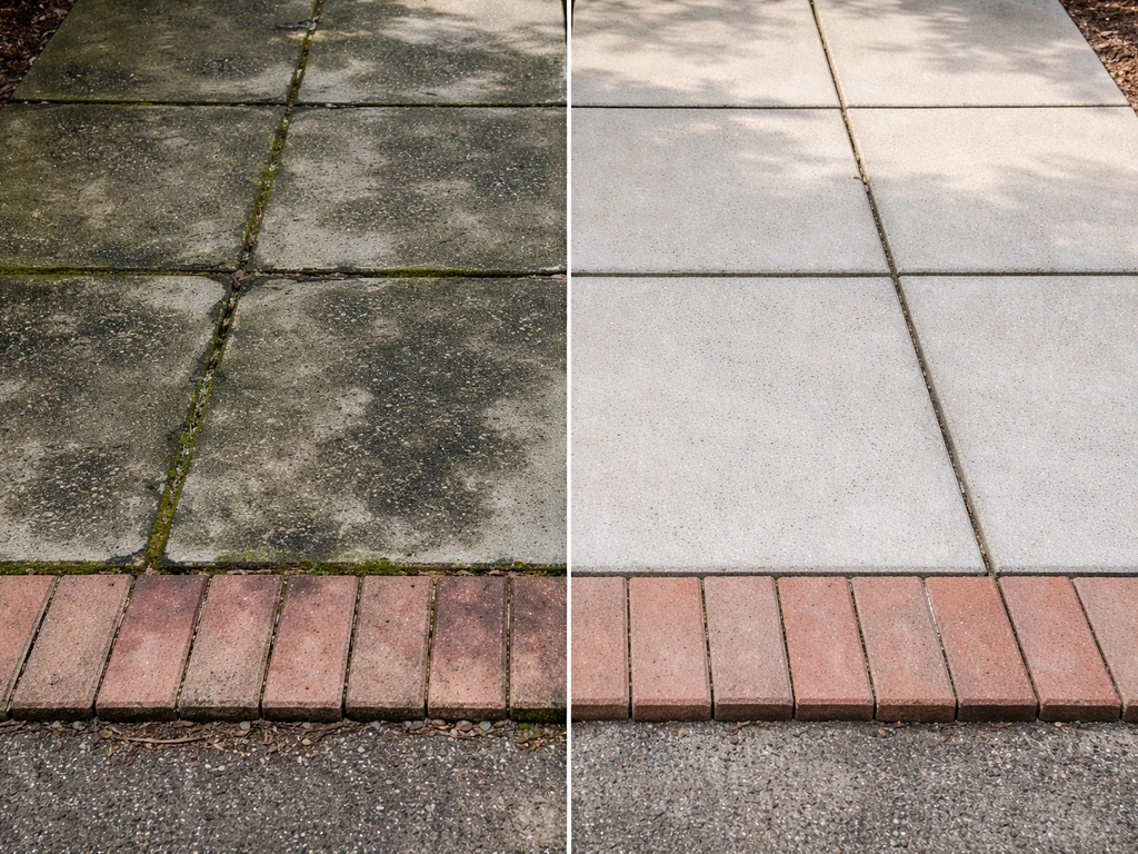 Split-view showing a concrete patio before with dark green mold and after cleaned concrete with bright gray surface.