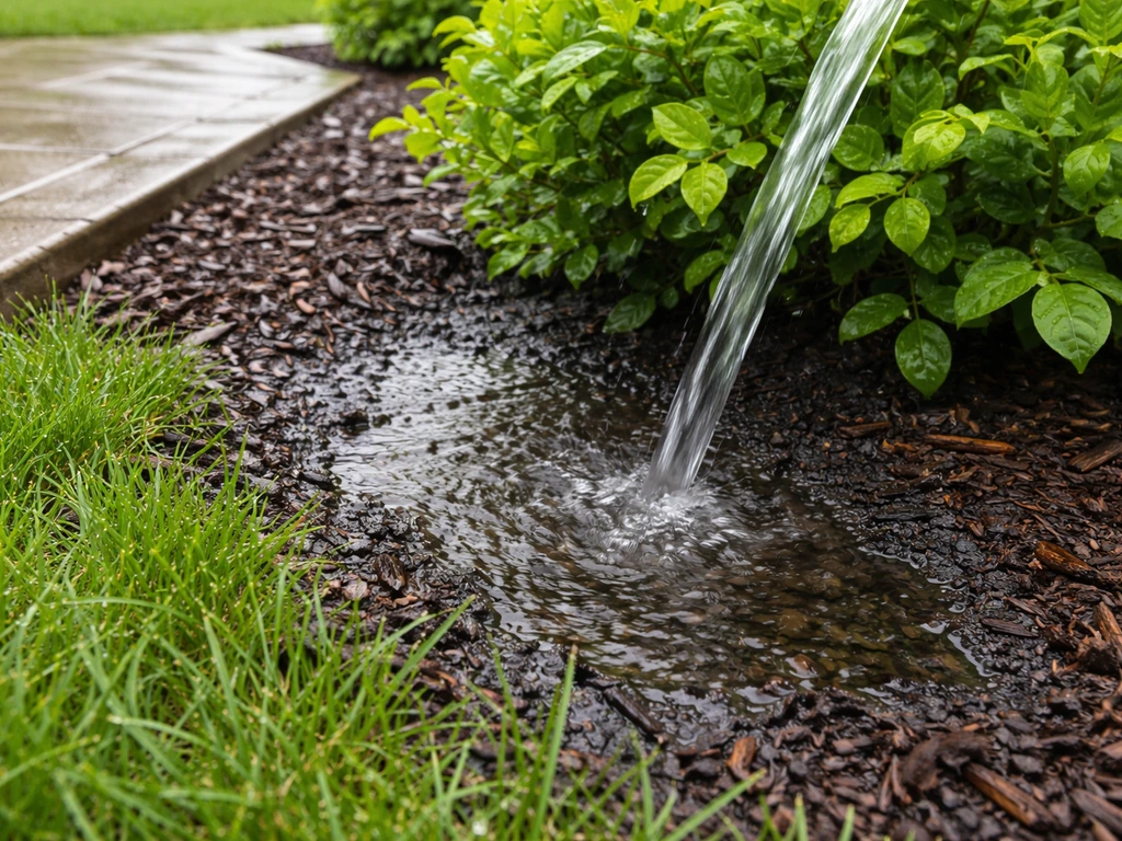 Water stream soaking soil and nearby plants at the edge of a patio before chemical use.