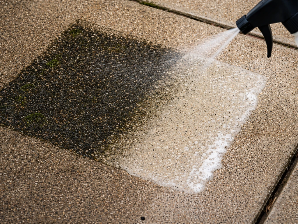 Bleach solution on concrete patio lightening dark mildew growth into a cleaner surface.