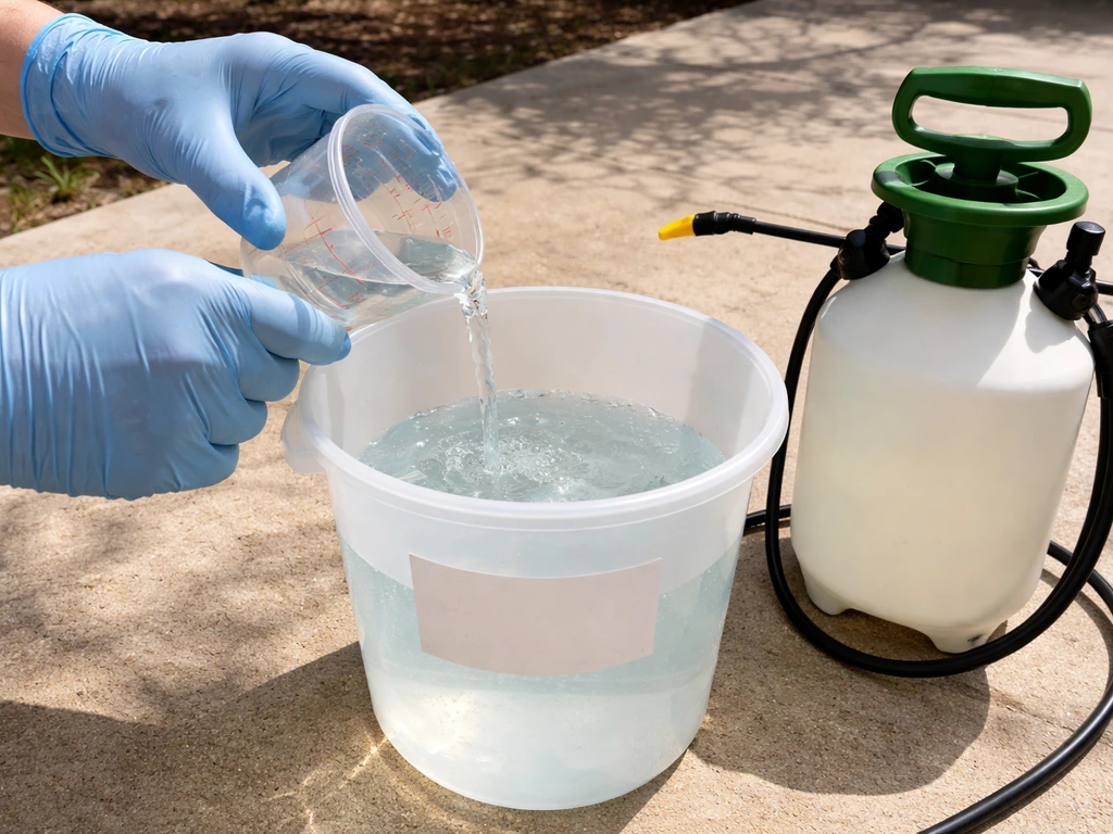 Gloved hands mixing diluted bleach in a bucket next to a pump sprayer on a patio.