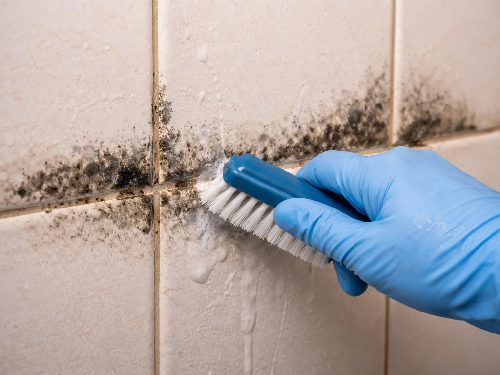 Gloved hands scrubbing black mold on bathroom tile with a brush and bleach solution