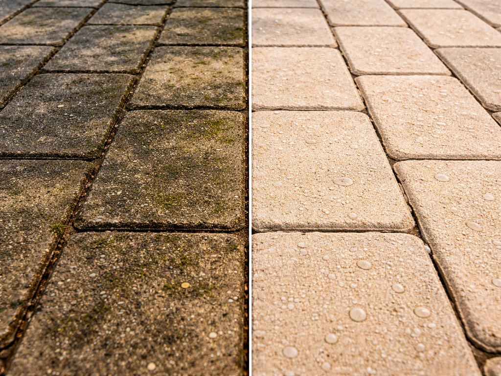 Split close-up of patio pavers, left grimy and right vinegar-cleaned with clearer joints