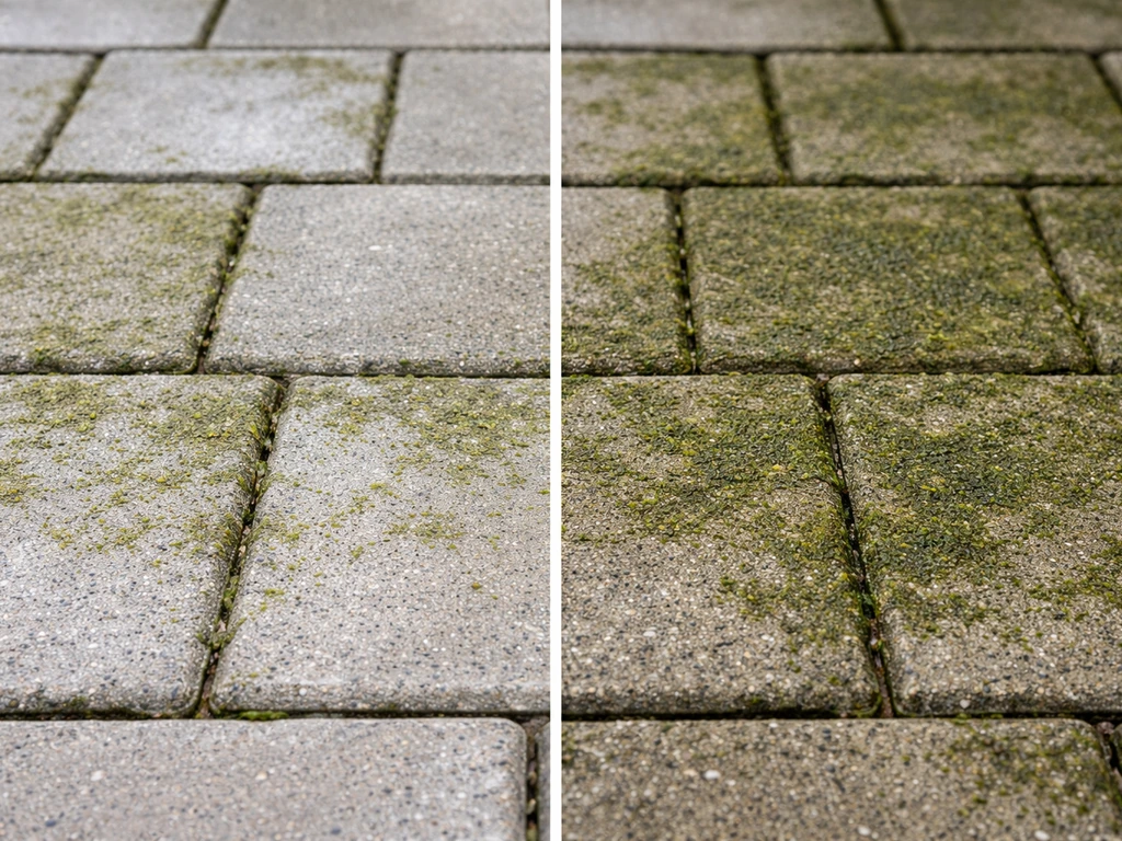 Two areas of patio pavers: vinegar-suited damp section with algae loosening vs stubborn growth on the other side.