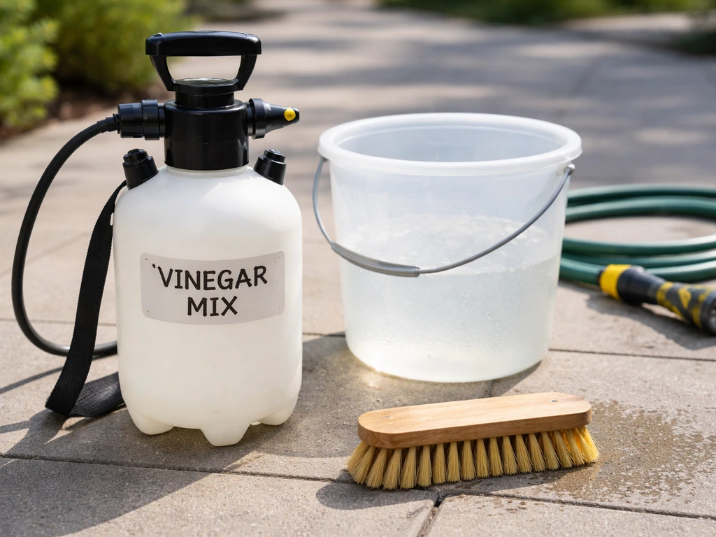 White vinegar mixture in a pump sprayer and a stiff scrub brush ready to clean outdoors.