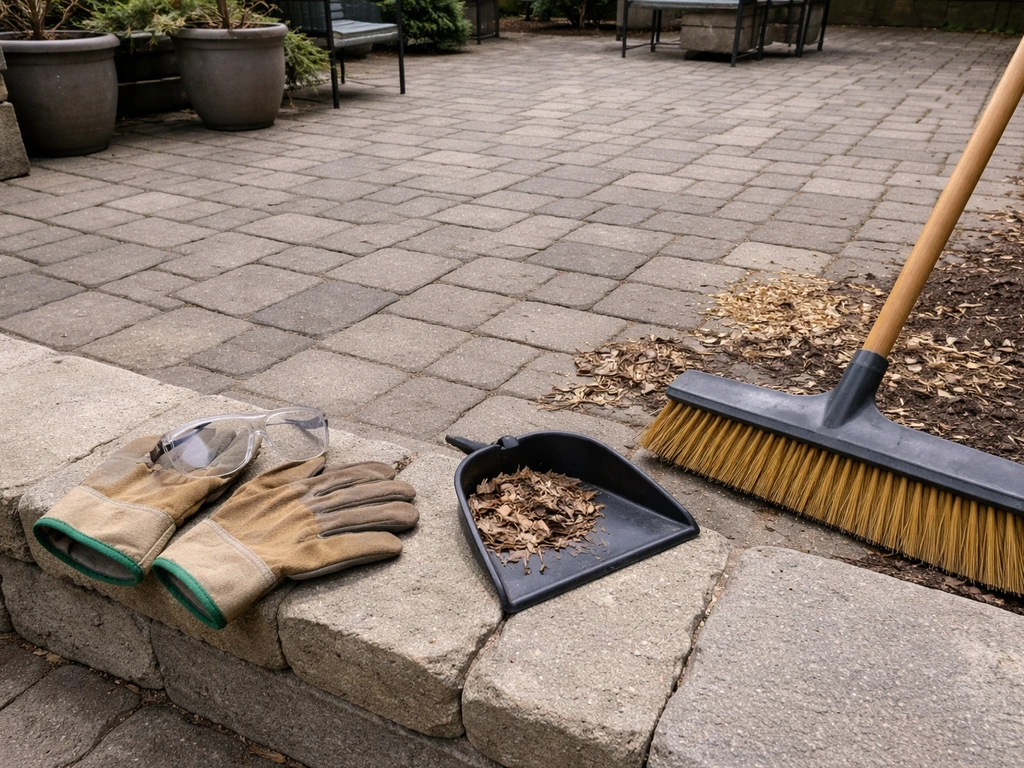 Gloves and safety goggles beside a broom on cleared patio pavers with items moved aside.