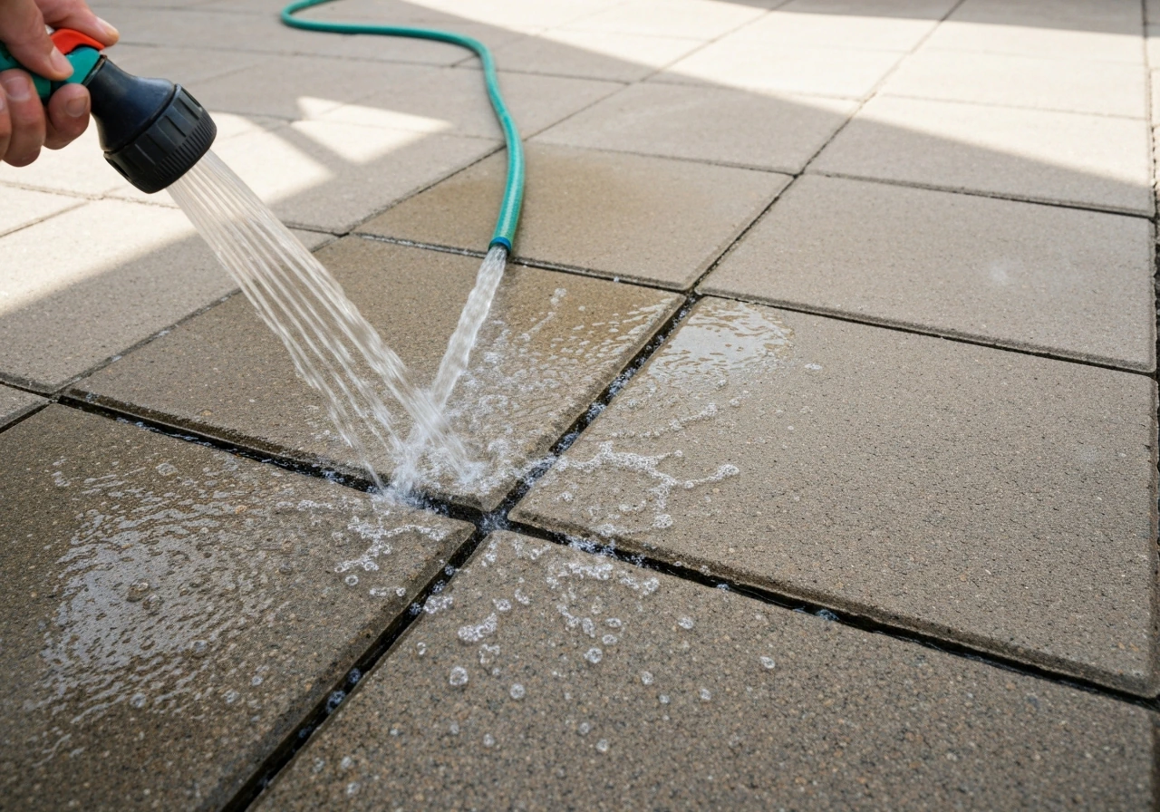 Garden hose rinsing vinegar off outdoor pavers, water streaming over cracks as surface dries.