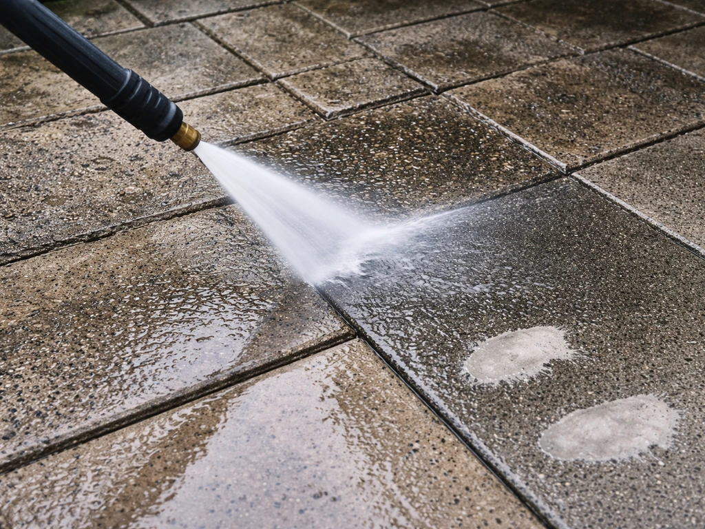 Close-up of a patio surface being pressure-washed, with dirt removed and areas ready to dry before sealing.