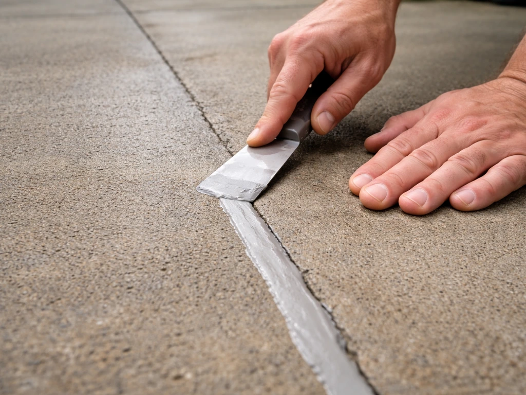Hands using a putty knife to fill a hairline concrete crack on a patio, seam smoothed and ready to dry.