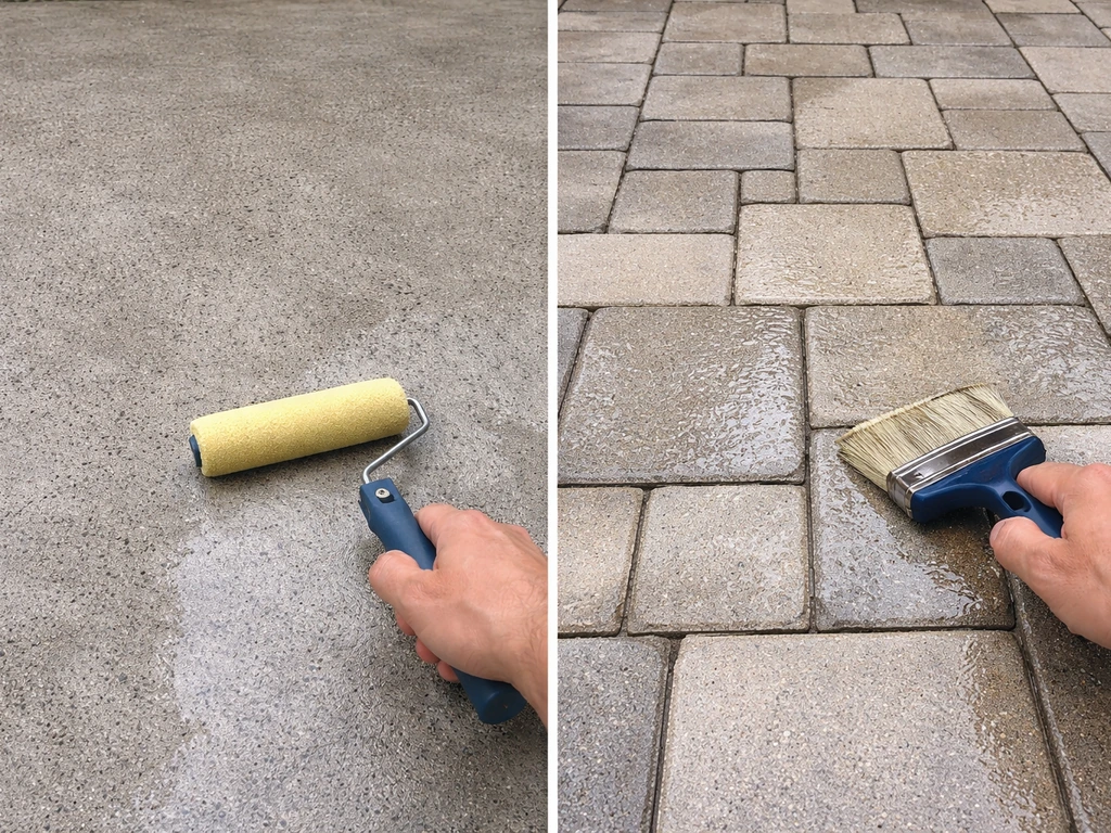 Concrete with penetrating sealer vs pavers with glossy film-forming sealer, side-by-side comparison.