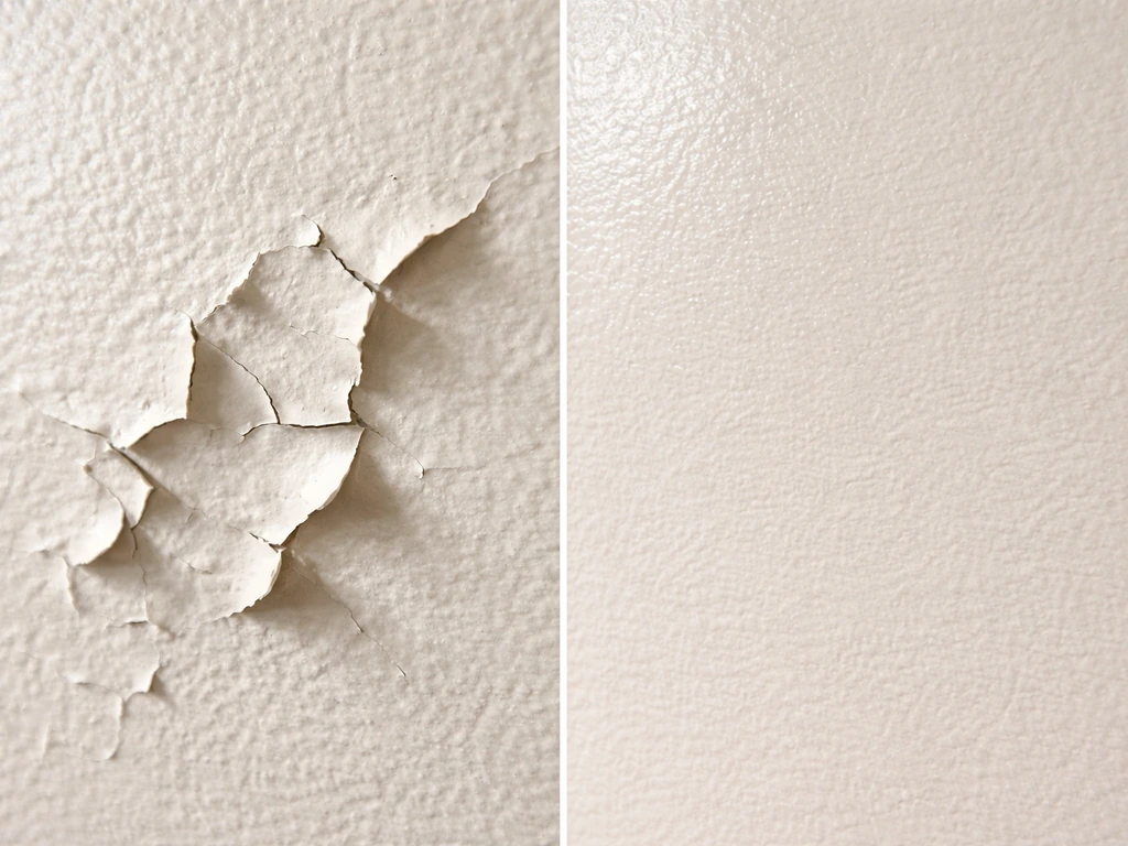 Close-up of a peeling sealant area beside a neatly bonded cured finish on a simple wall surface