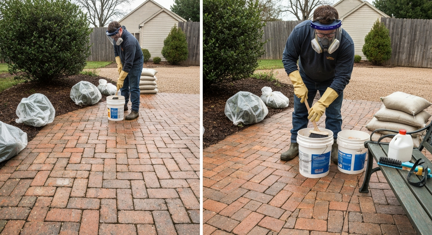 Split-view photo: left shows stained brick patio, right shows same area cleaned; a person in full PPE scrubs with a brush; plants are covered and a drain is blocked.
