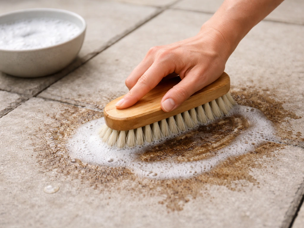 Hand scrubbing a grease stain on stone with a stiff bristle brush and dish-soap suds.