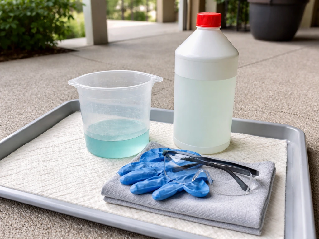 Safety gear and diluted cleaning chemicals set up on a covered patio to tackle tough grease stains