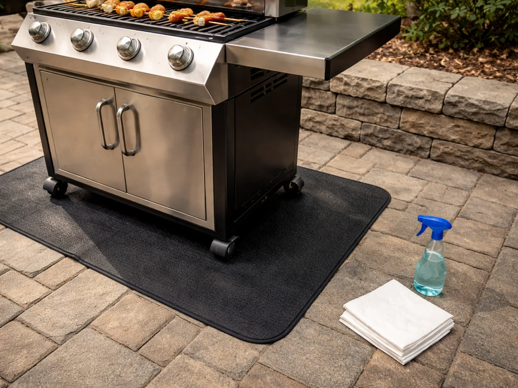 Grill mat under a barbecue grill with a nearby paper towel and cleaning supplies on a patio