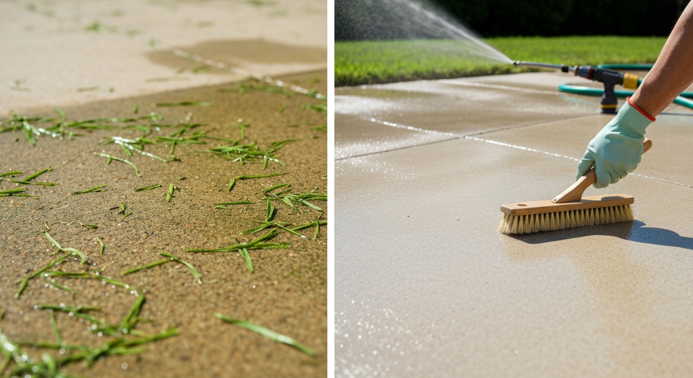 Split before-and-after photo: left shows grass-stained concrete patio, right shows the same area cleaned, with a gloved hand scrubbing and a hose in the background.