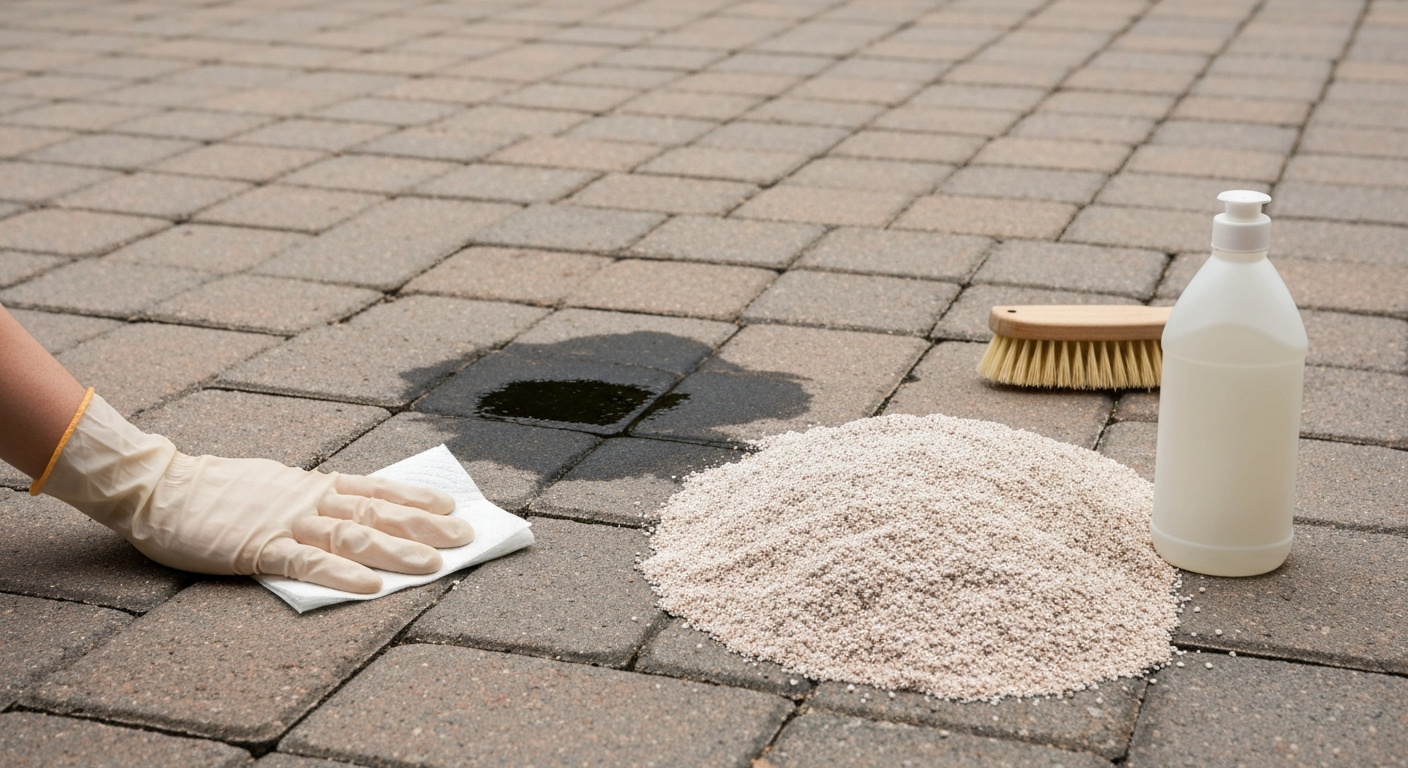 Backyard patio pavers with a fresh oil stain being blotted with a paper towel and covered with clay cat litter; scrub brush and dish soap nearby.