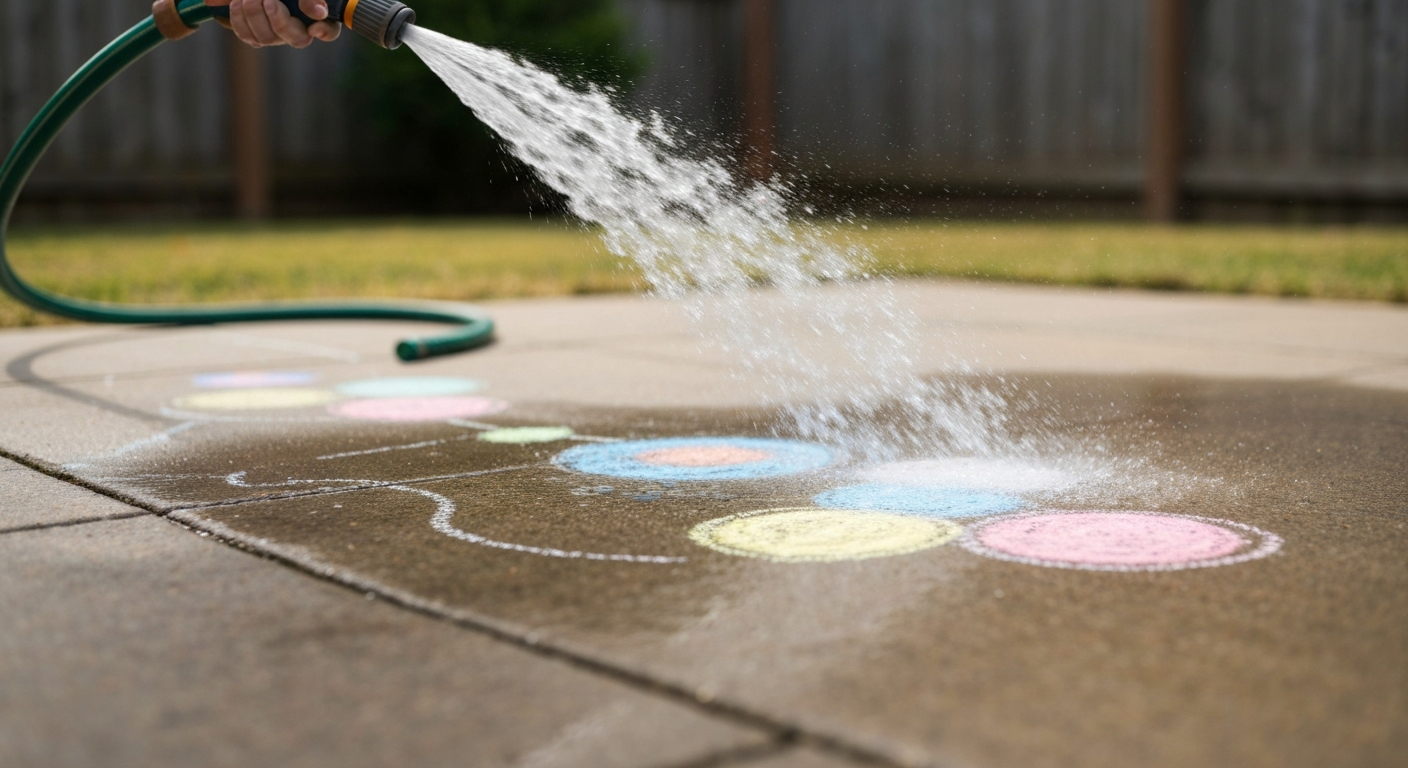 Close-up photo of colorful chalk being rinsed off a patio with a garden hose, pigments washing away.