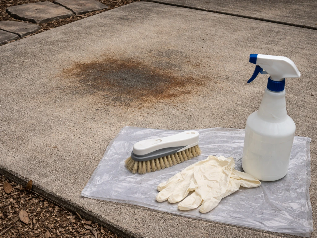 Outdoor patio concrete slab with a visible stain and a nearby cleaning kit ready for before-treatment.