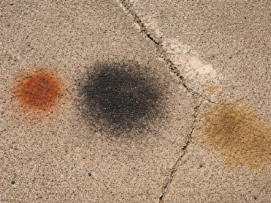 Close-up of patio concrete showing distinct stain types: rust-orange, dark organic growth, mineral crust, and yellow tan